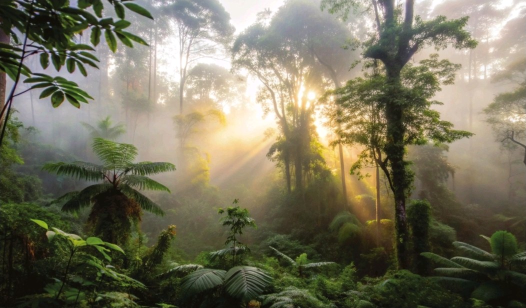 Sun rays breaking through the morning mist of the jungle