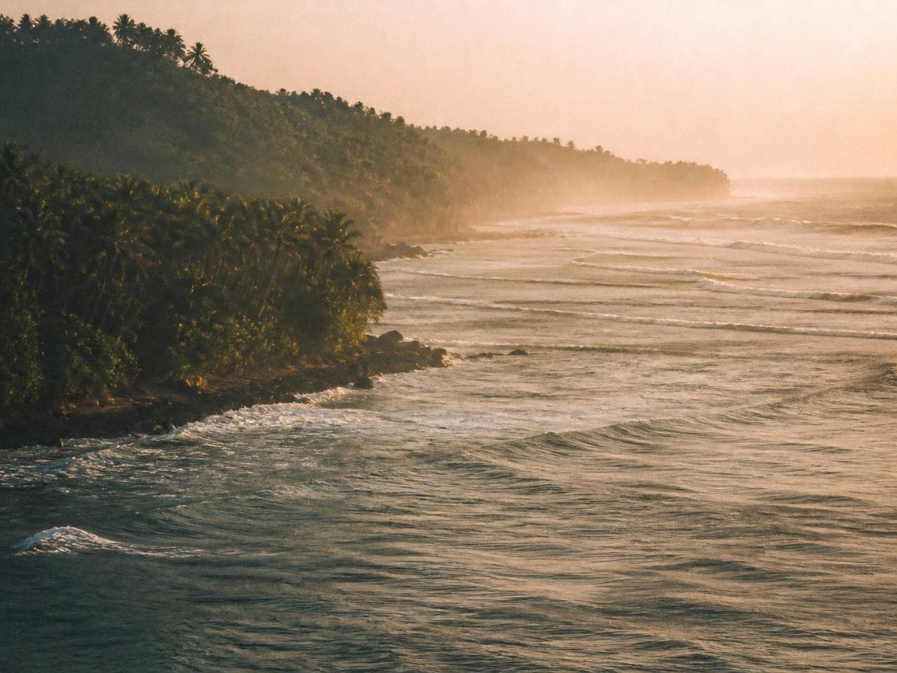 The ocean meeting the jungle at sunset